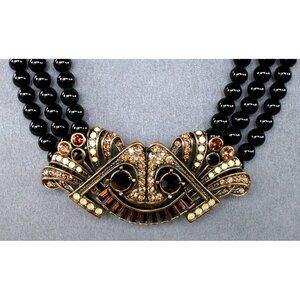 Art Deco Style Black Bead & Rhinestone Necklace & Earrings